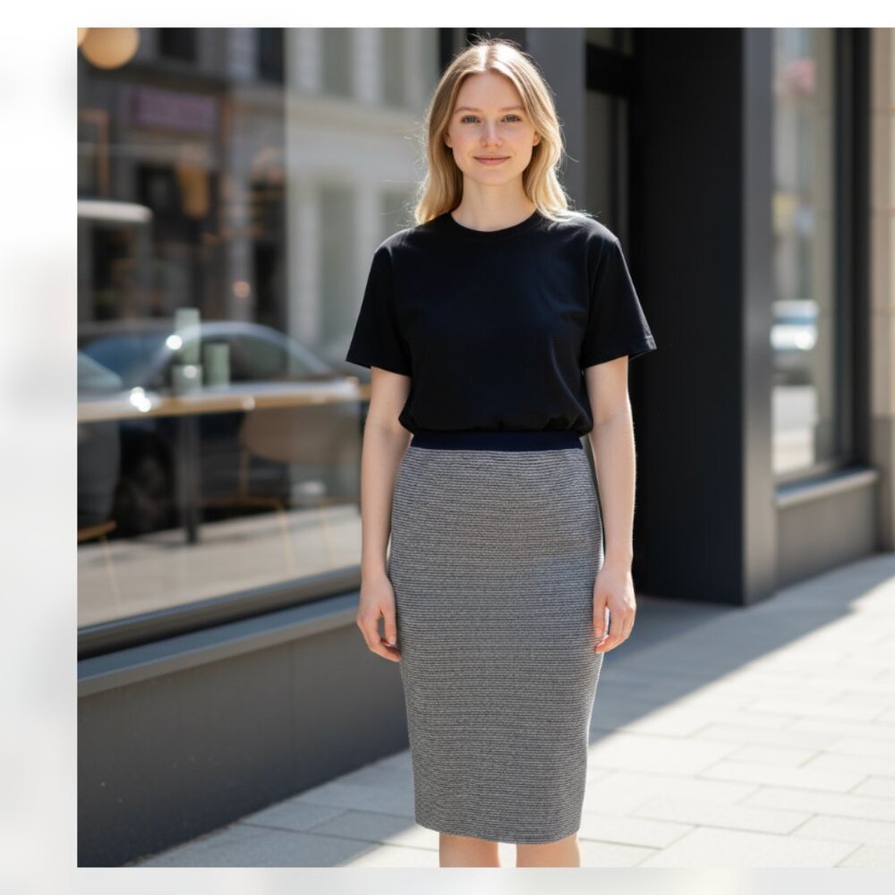 NWT ZARA Tweed Cutwork Stretch Midi Skirt Large Navy White
